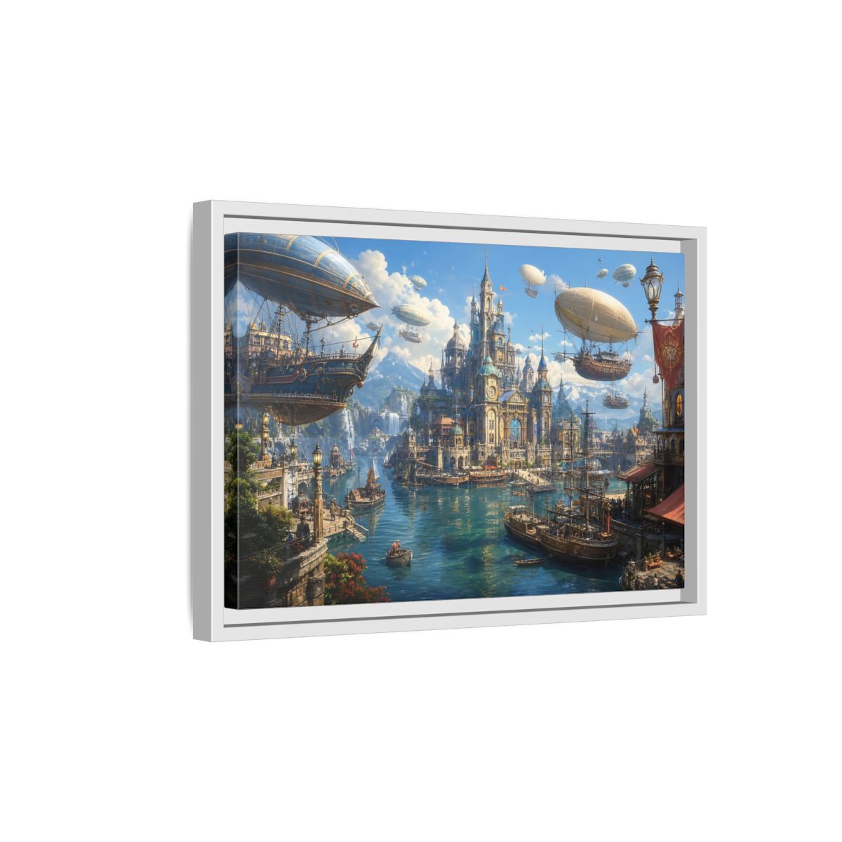 Side Mockup 4. Science Fiction Fantasy City Blue Cityscape shown as stretched canvas wall art