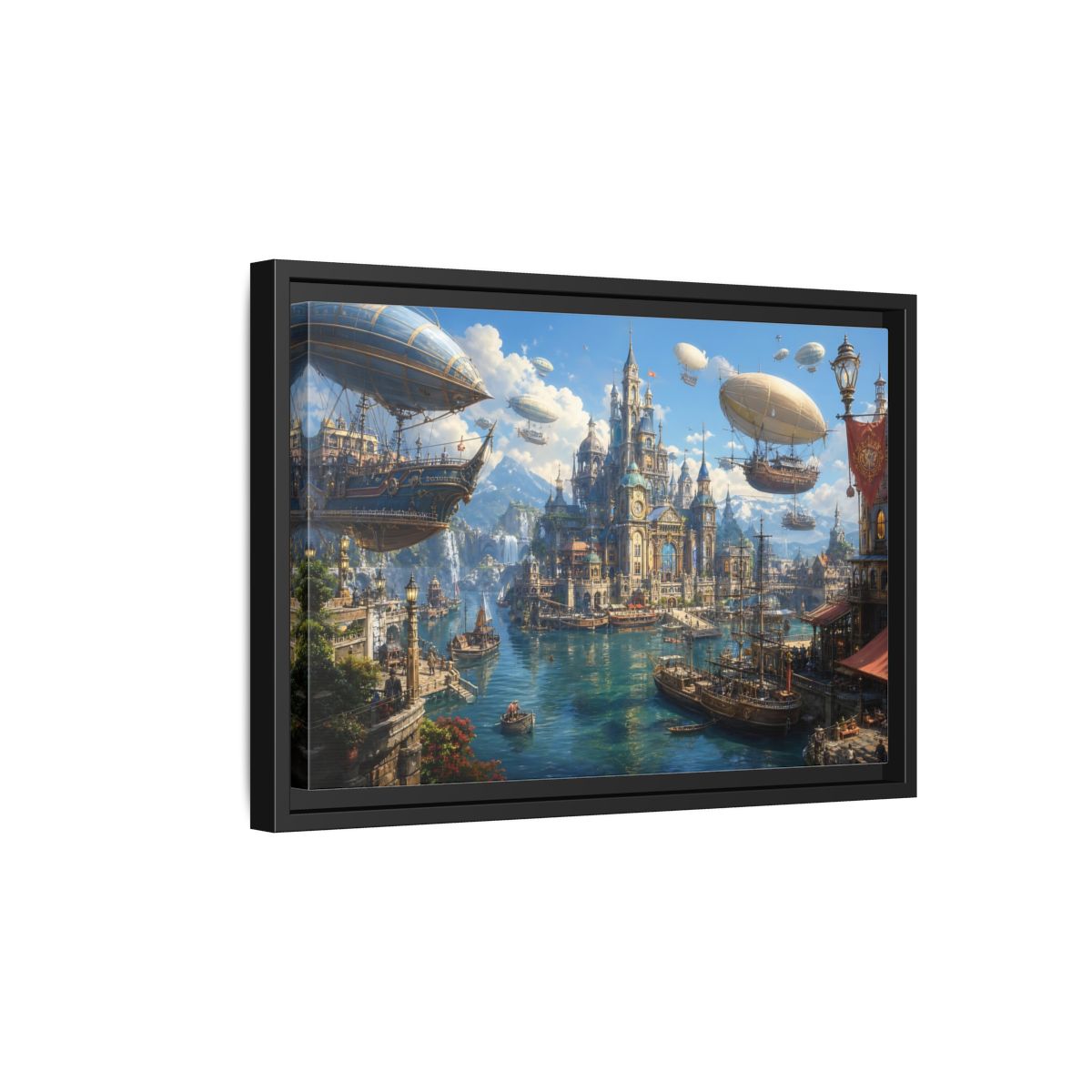 Side Mockup 6. Science Fiction Fantasy City Blue Cityscape shown as stretched canvas wall art