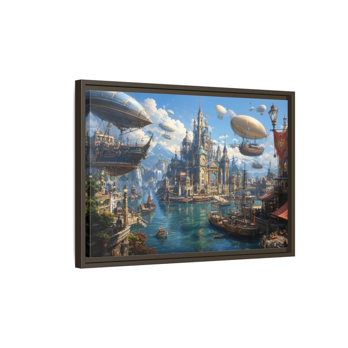 Side Mockup 2. Science Fiction Fantasy City Blue Cityscape shown as stretched canvas wall art