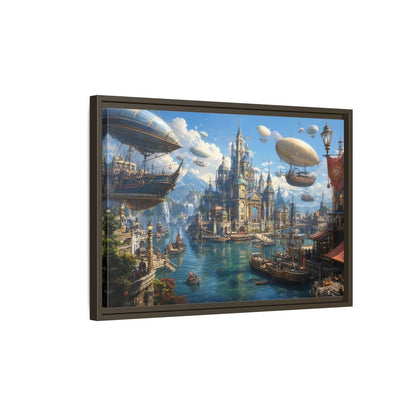 Side Mockup 2. Science Fiction Fantasy City Blue Cityscape shown as stretched canvas wall art