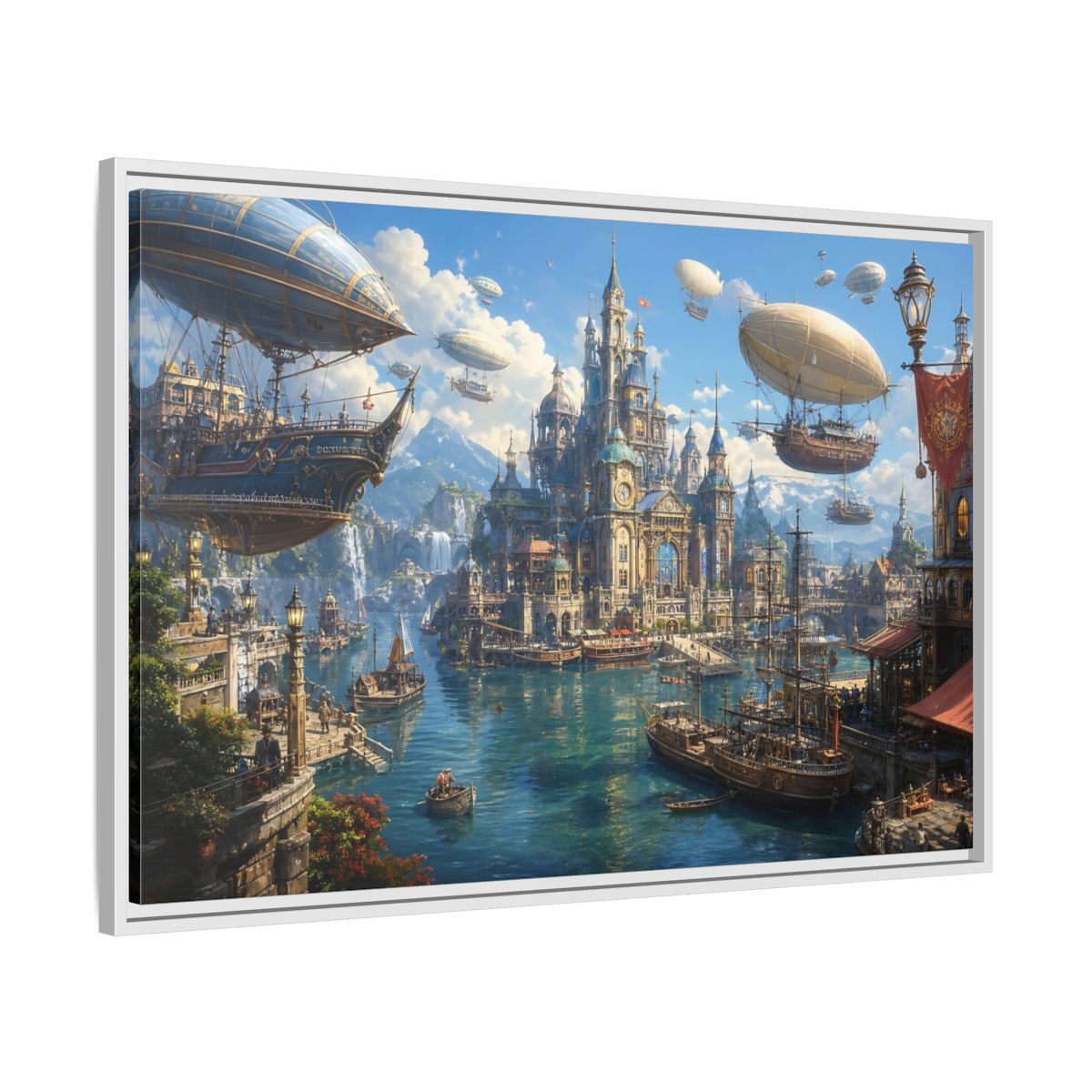 Side Mockup 9. Science Fiction Fantasy City Blue Cityscape shown as stretched canvas wall art