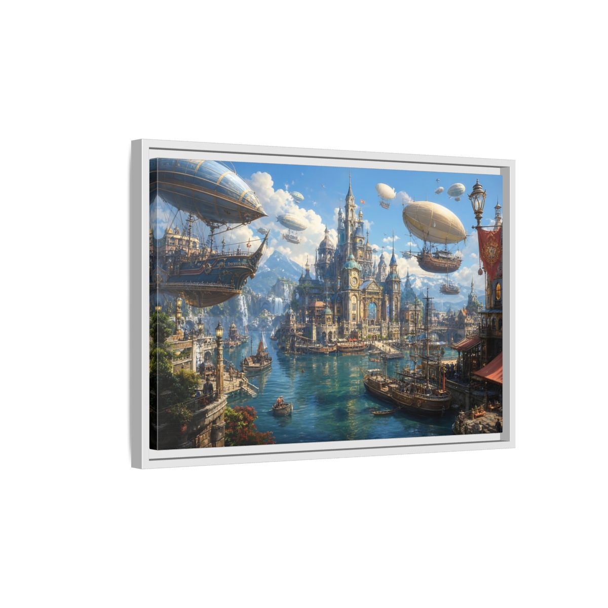Side Mockup 1. Science Fiction Fantasy City Blue Cityscape shown as stretched canvas wall art