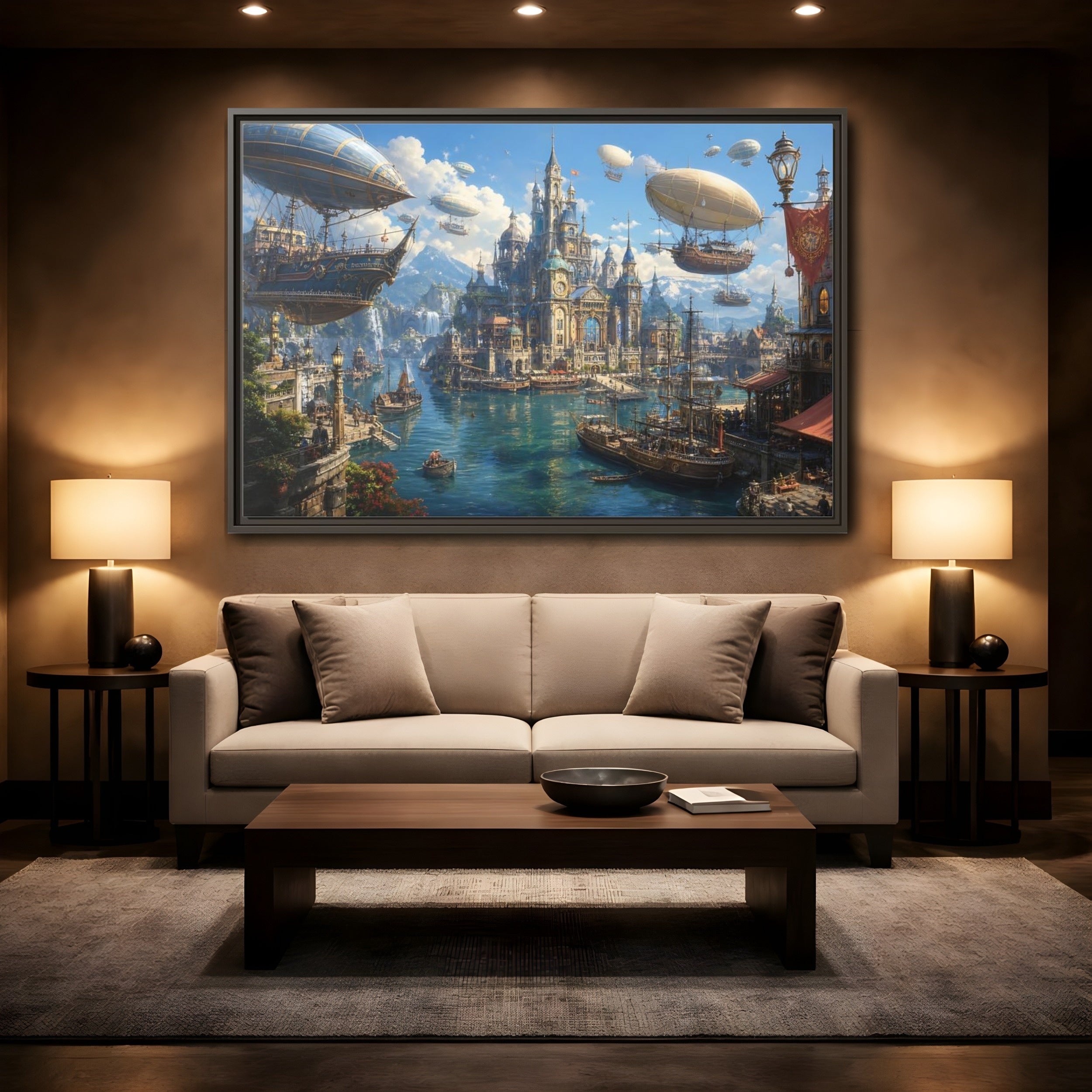 Mockup 2. Science Fiction Fantasy City Blue Cityscape shown as stretched canvas wall art
