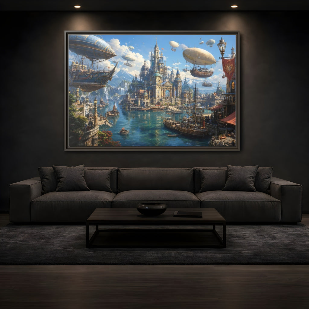 Mockup 3. Science Fiction Fantasy City Blue Cityscape shown as stretched canvas wall art