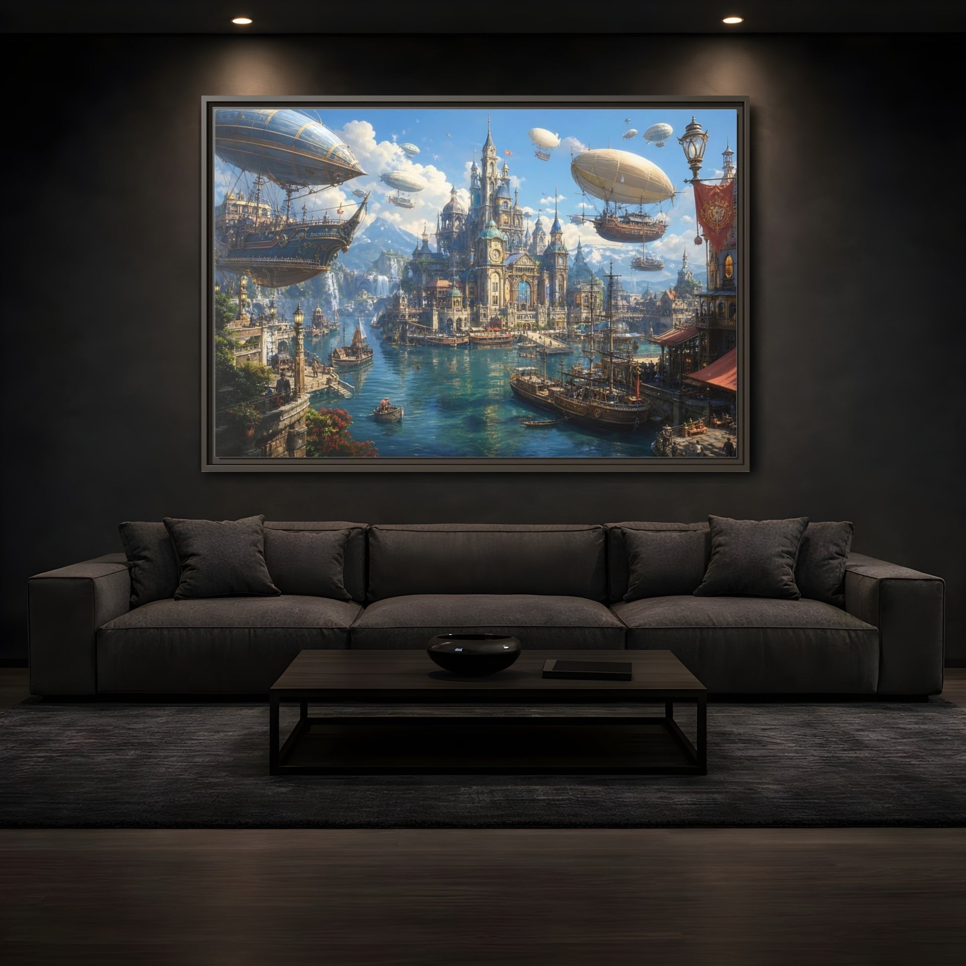 Mockup 3. Science Fiction Fantasy City Blue Cityscape shown as stretched canvas wall art