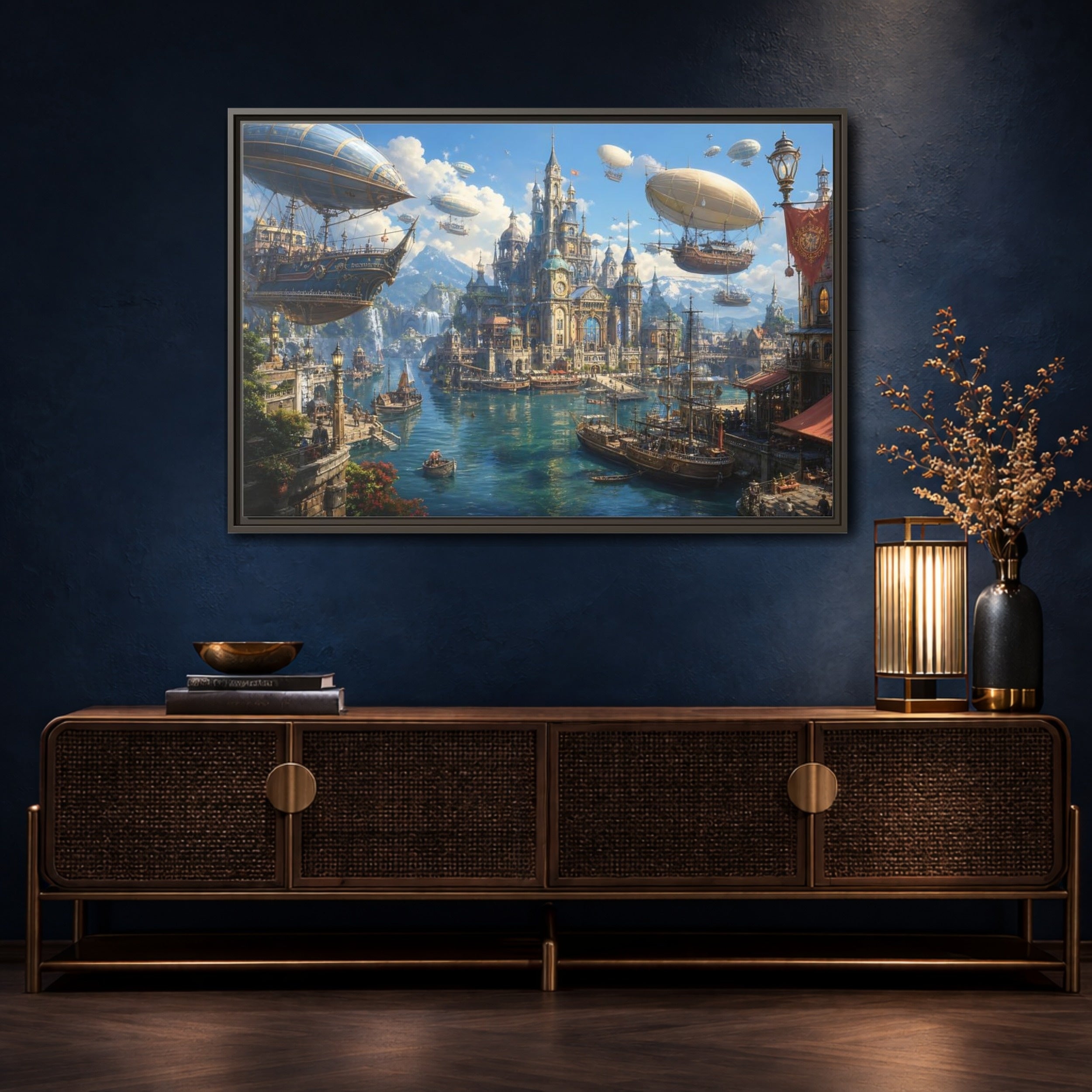 Mockup 4. Science Fiction Fantasy City Blue Cityscape shown as stretched canvas wall art