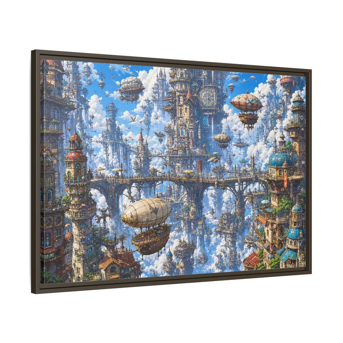 Main Mockup. Science Fiction Floating City Blue Fantasy City shown as stretched canvas wall art