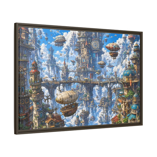 Main Mockup. Science Fiction Floating City Blue Fantasy City shown as stretched canvas wall art