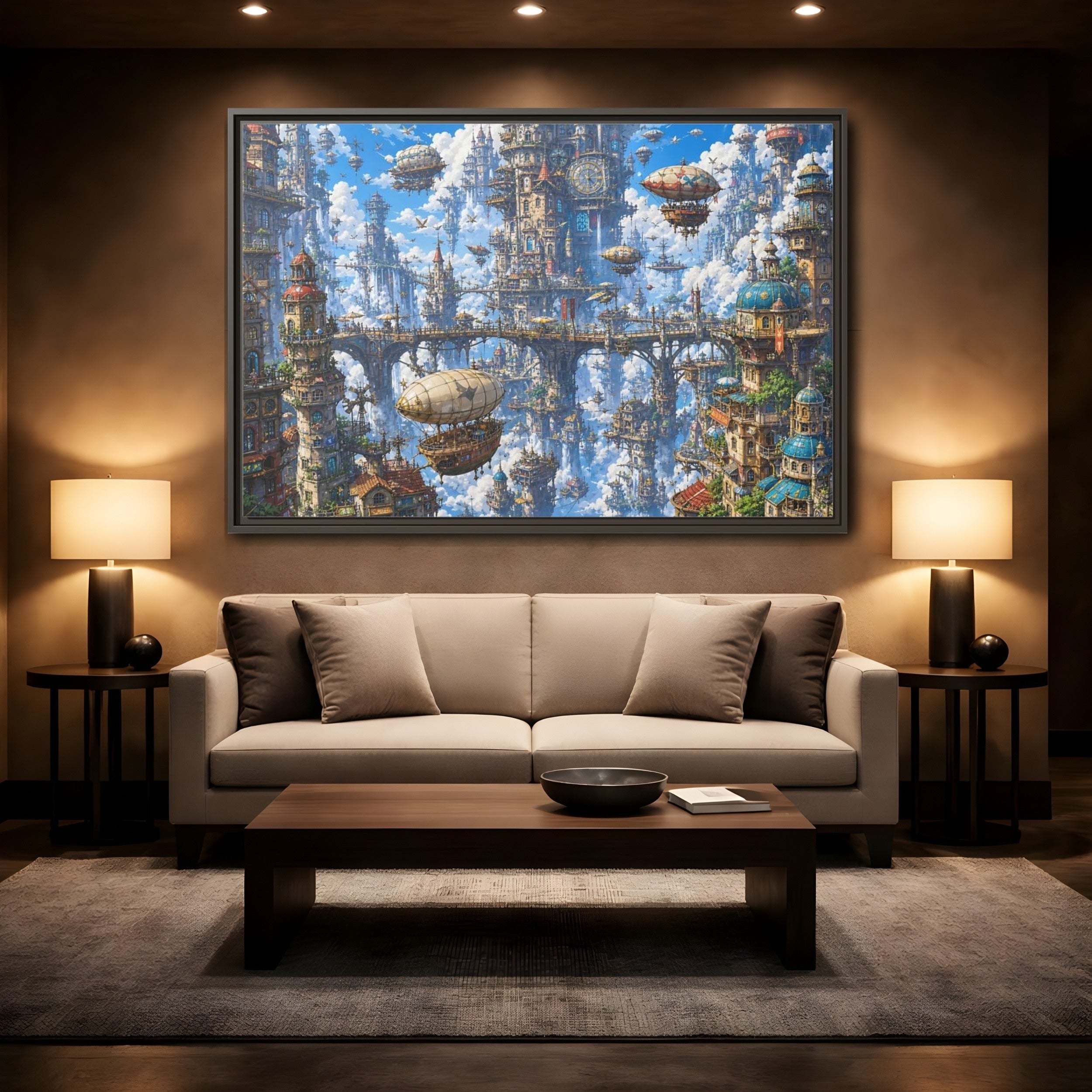 Mockup 2. Science Fiction Floating City Blue Fantasy City shown as stretched canvas wall art