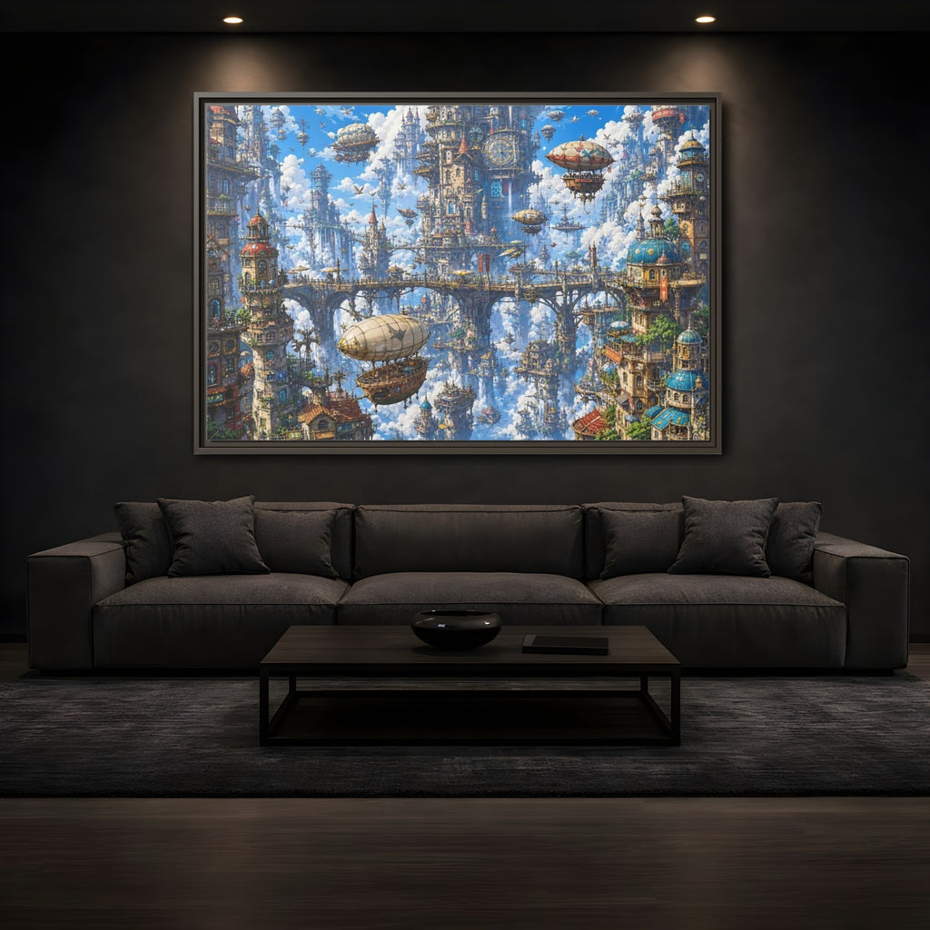 Mockup 3. Science Fiction Floating City Blue Fantasy City shown as stretched canvas wall art