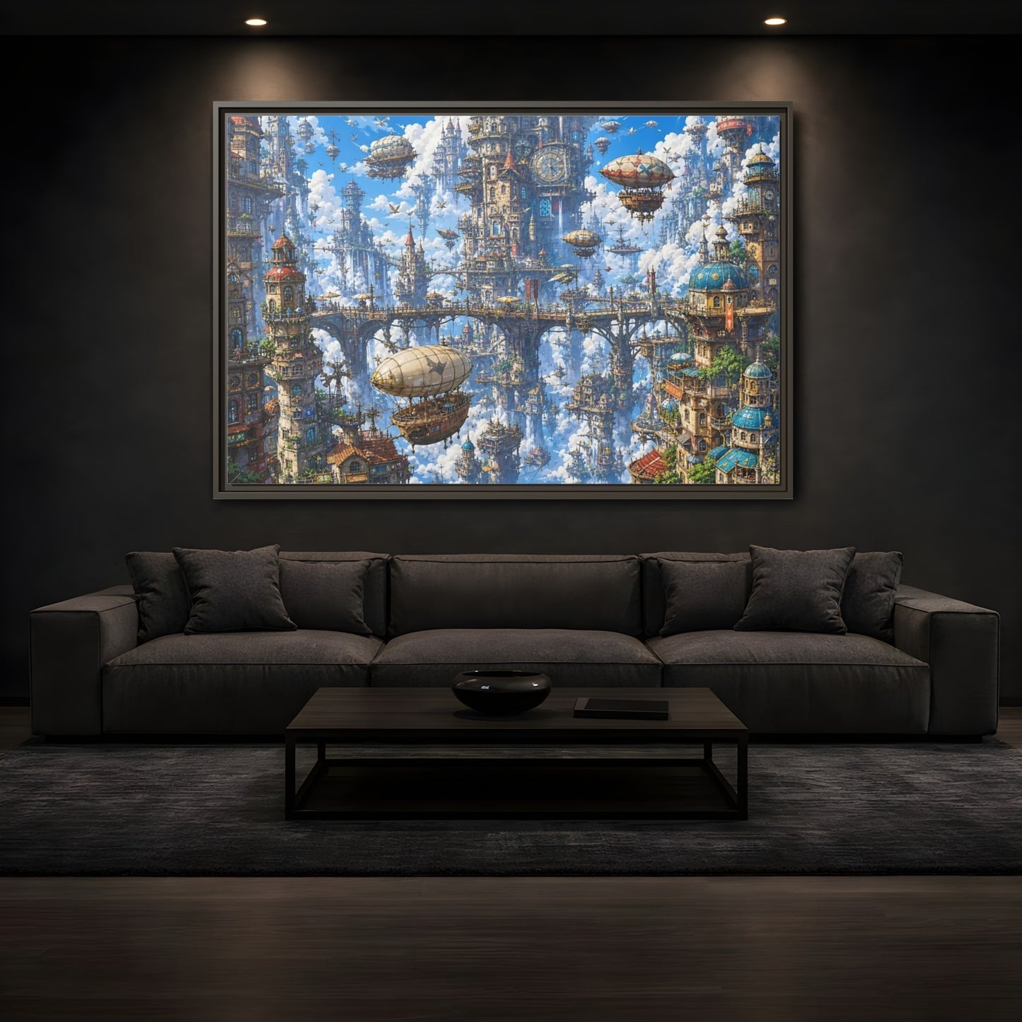 Mockup 3. Science Fiction Floating City Blue Fantasy City shown as stretched canvas wall art