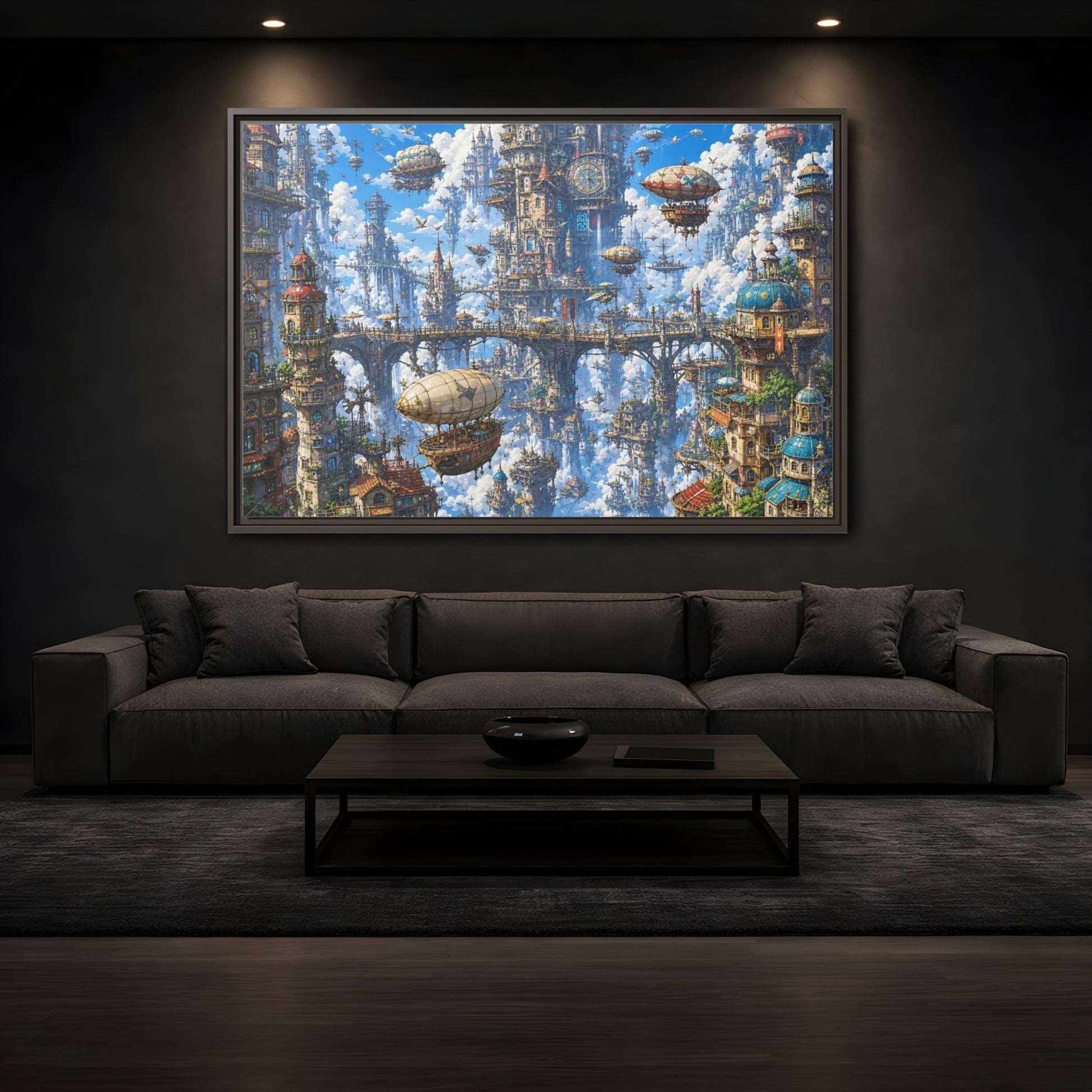 Mockup 3. Science Fiction Floating City Blue Fantasy City shown as stretched canvas wall art