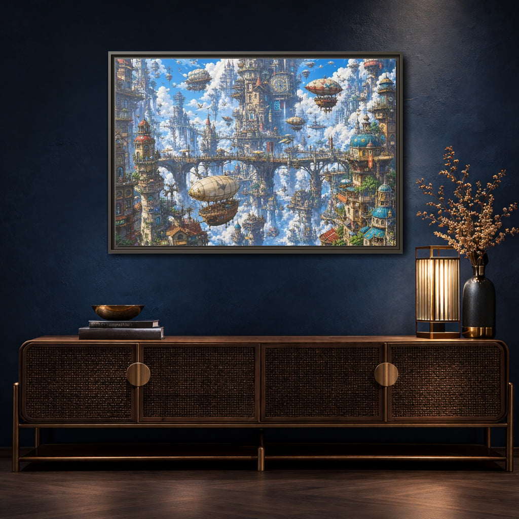 Mockup 4. Science Fiction Floating City Blue Fantasy City shown as stretched canvas wall art