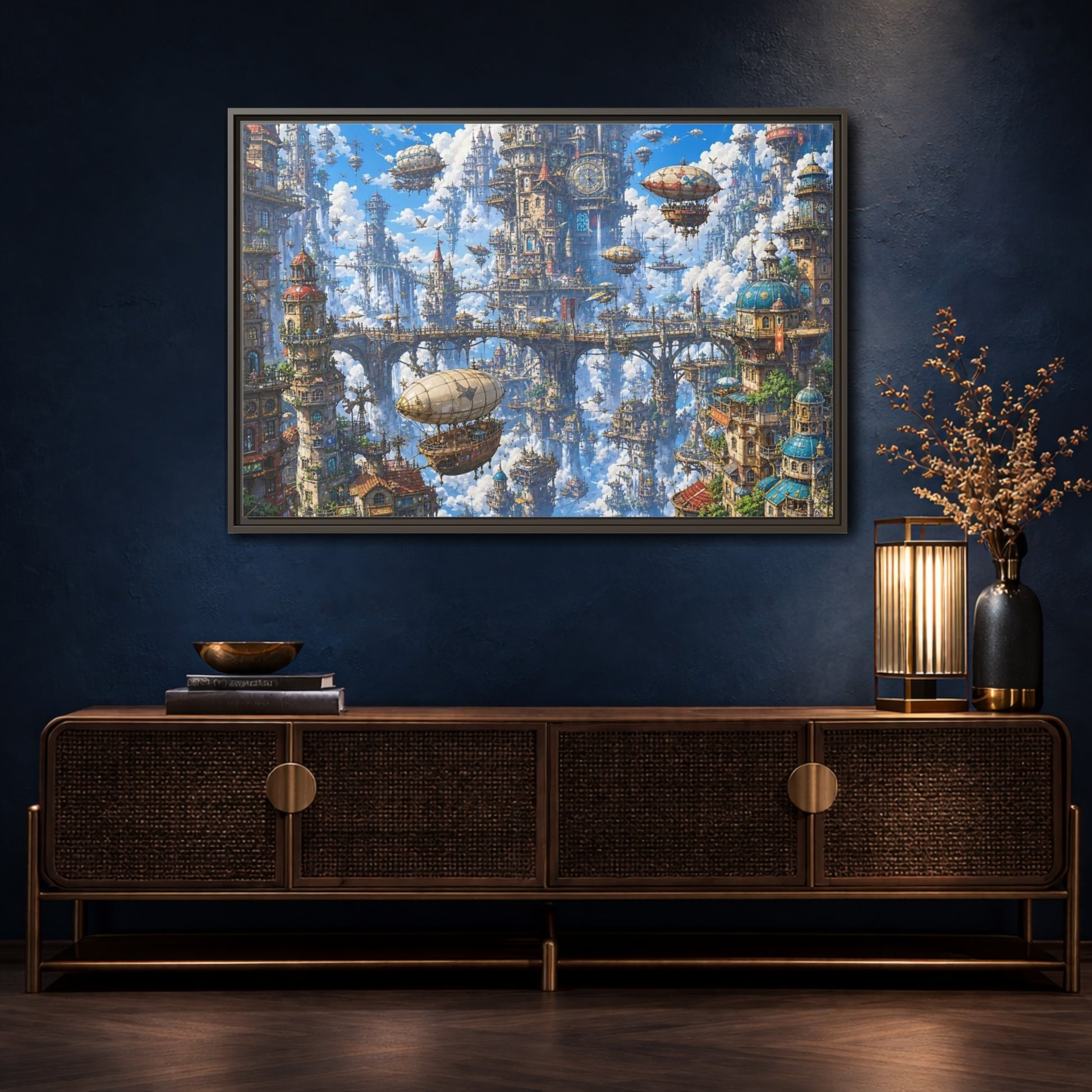 Mockup 4. Science Fiction Floating City Blue Fantasy City shown as stretched canvas wall art