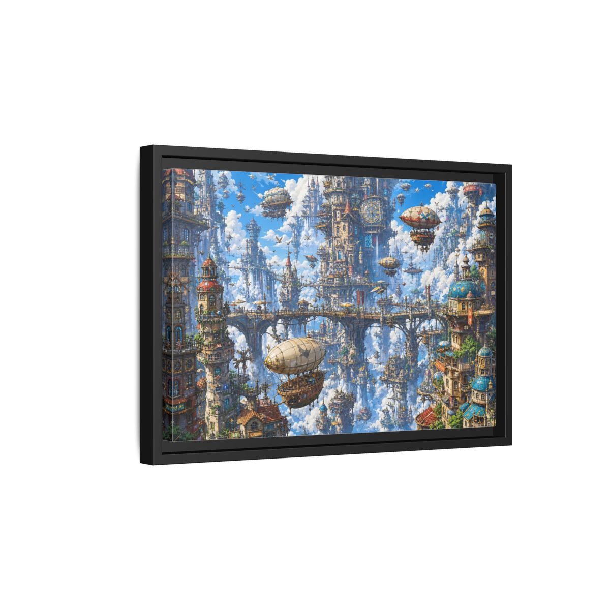 Side Mockup 6. Science Fiction Floating City Blue Fantasy City shown as stretched canvas wall art