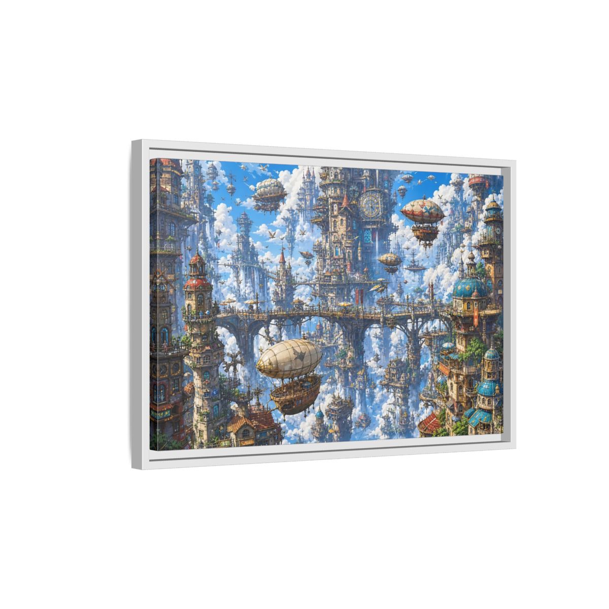 Side Mockup 1. Science Fiction Floating City Blue Fantasy City shown as stretched canvas wall art