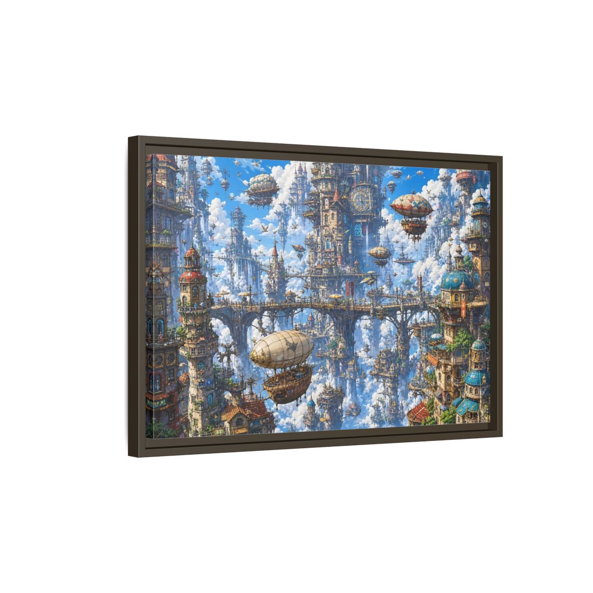 Side Mockup 2. Science Fiction Floating City Blue Fantasy City shown as stretched canvas wall art