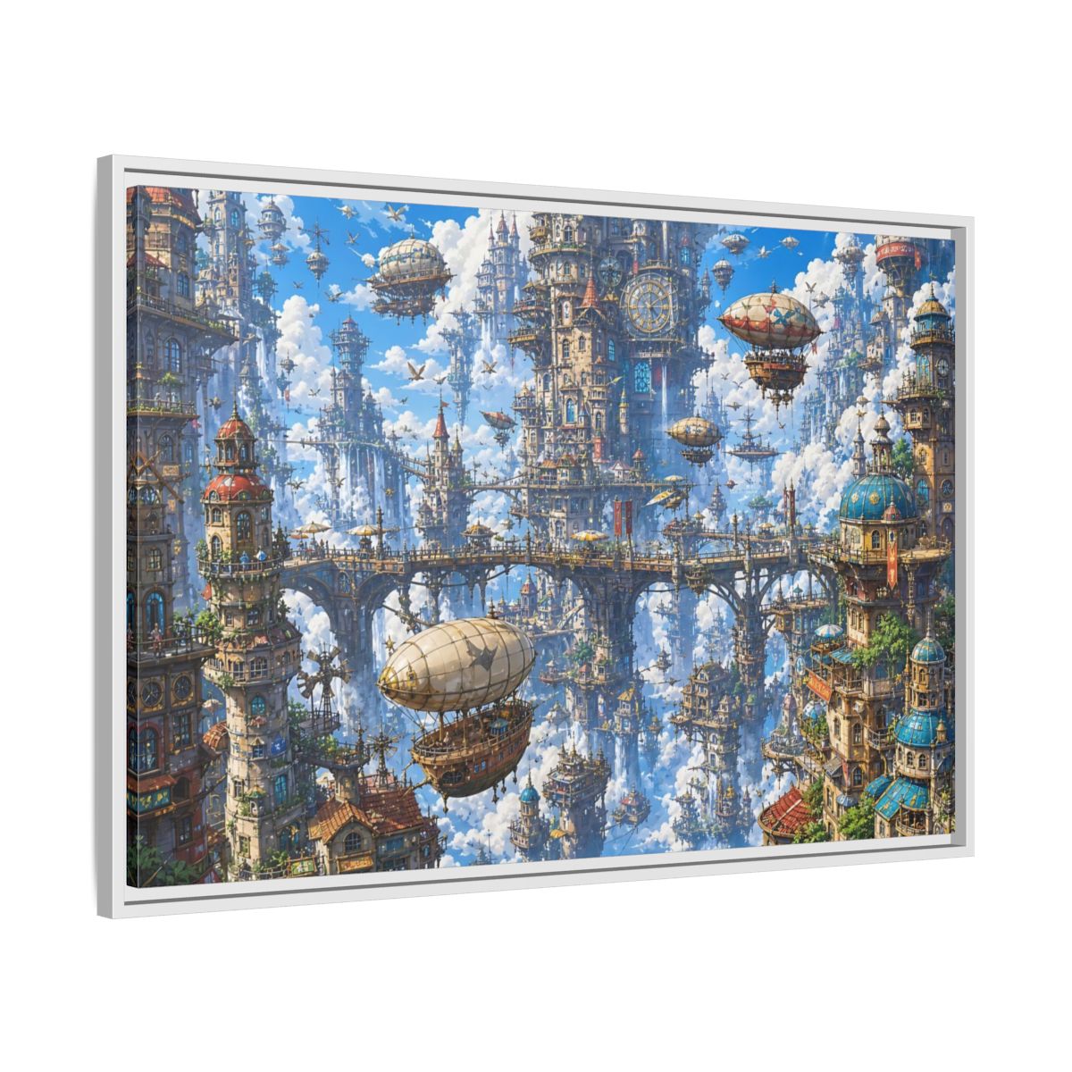 Side Mockup 9. Science Fiction Floating City Blue Fantasy City shown as stretched canvas wall art