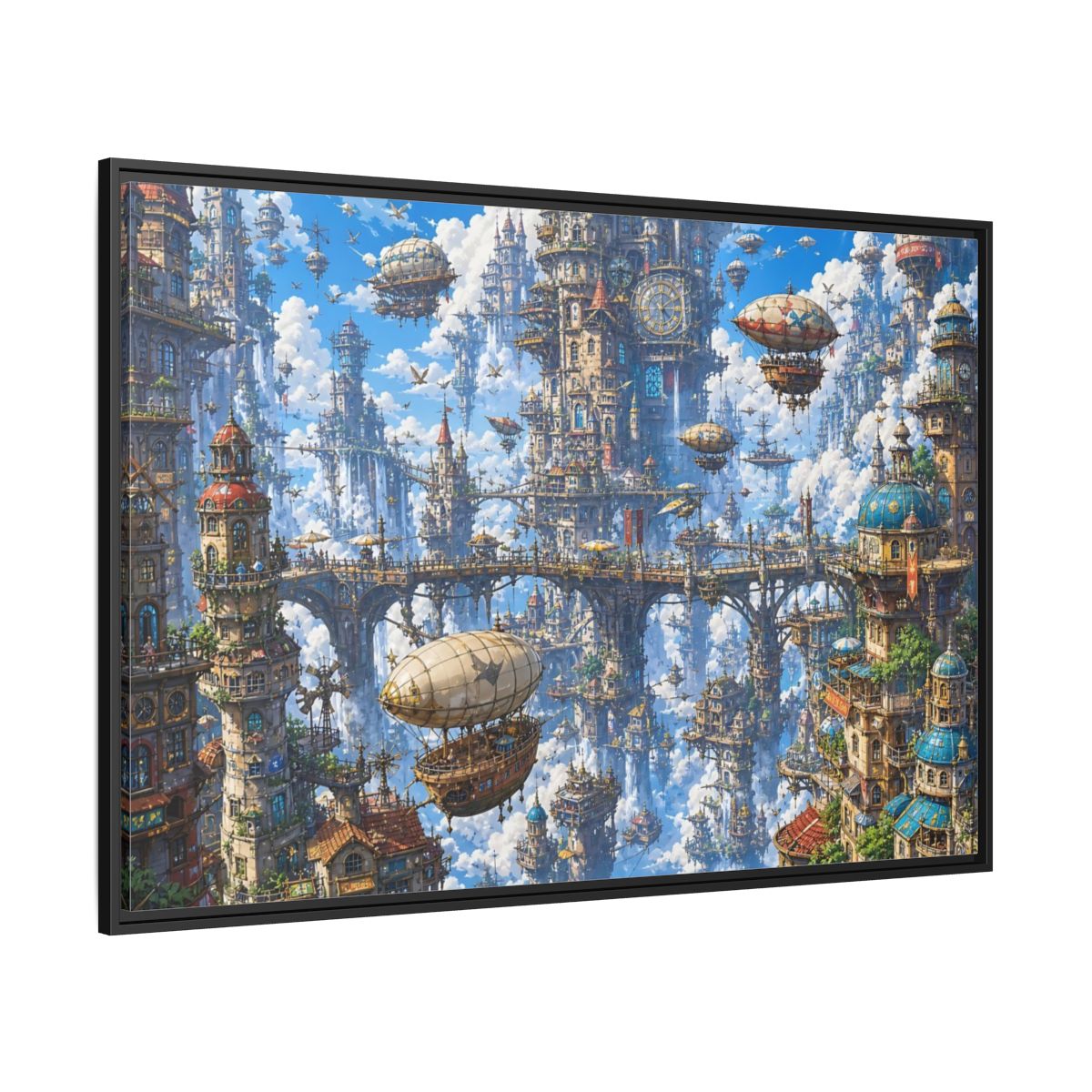 Side Mockup 12. Science Fiction Floating City Blue Fantasy City shown as stretched canvas wall art