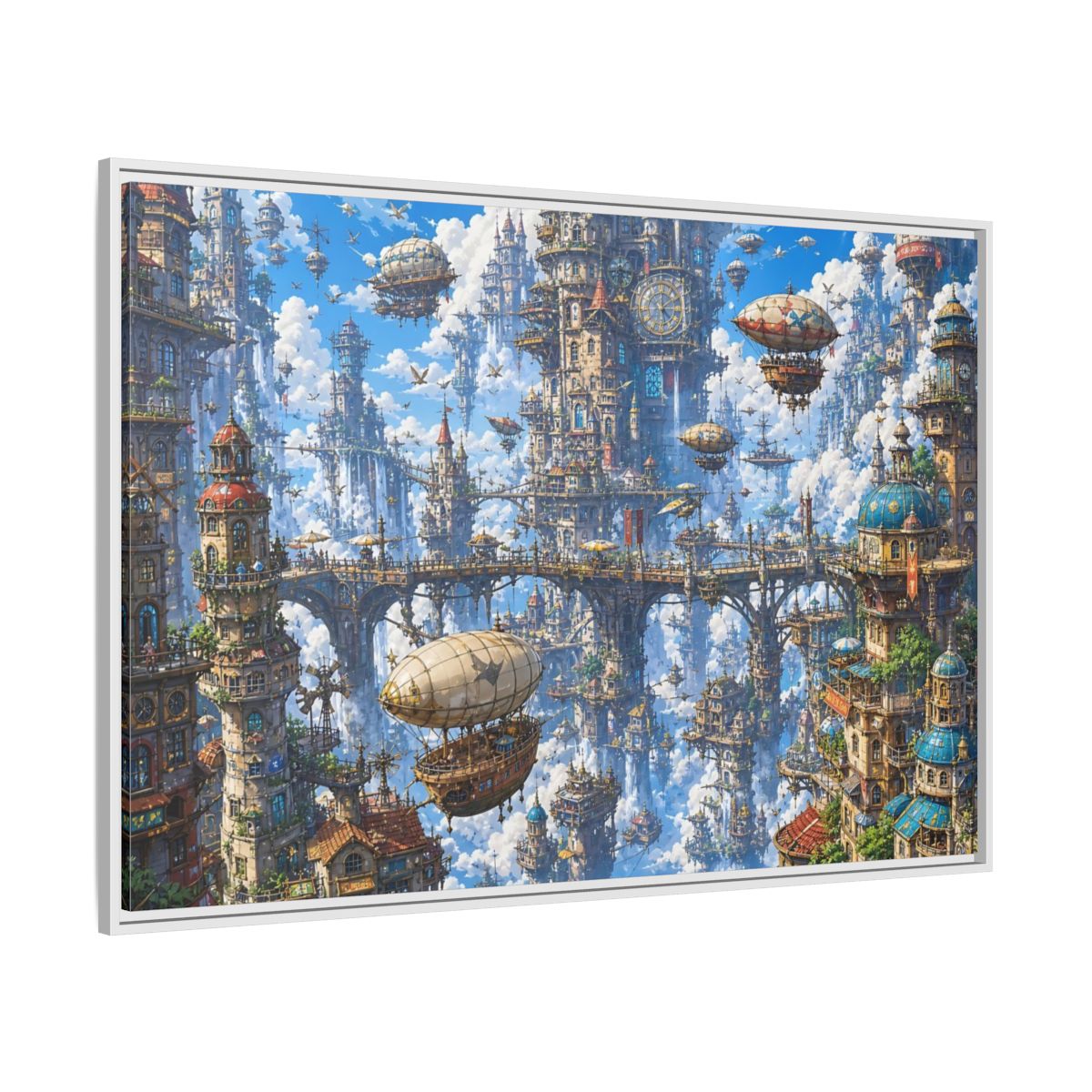 Side Mockup 7. Science Fiction Floating City Blue Fantasy City shown as stretched canvas wall art