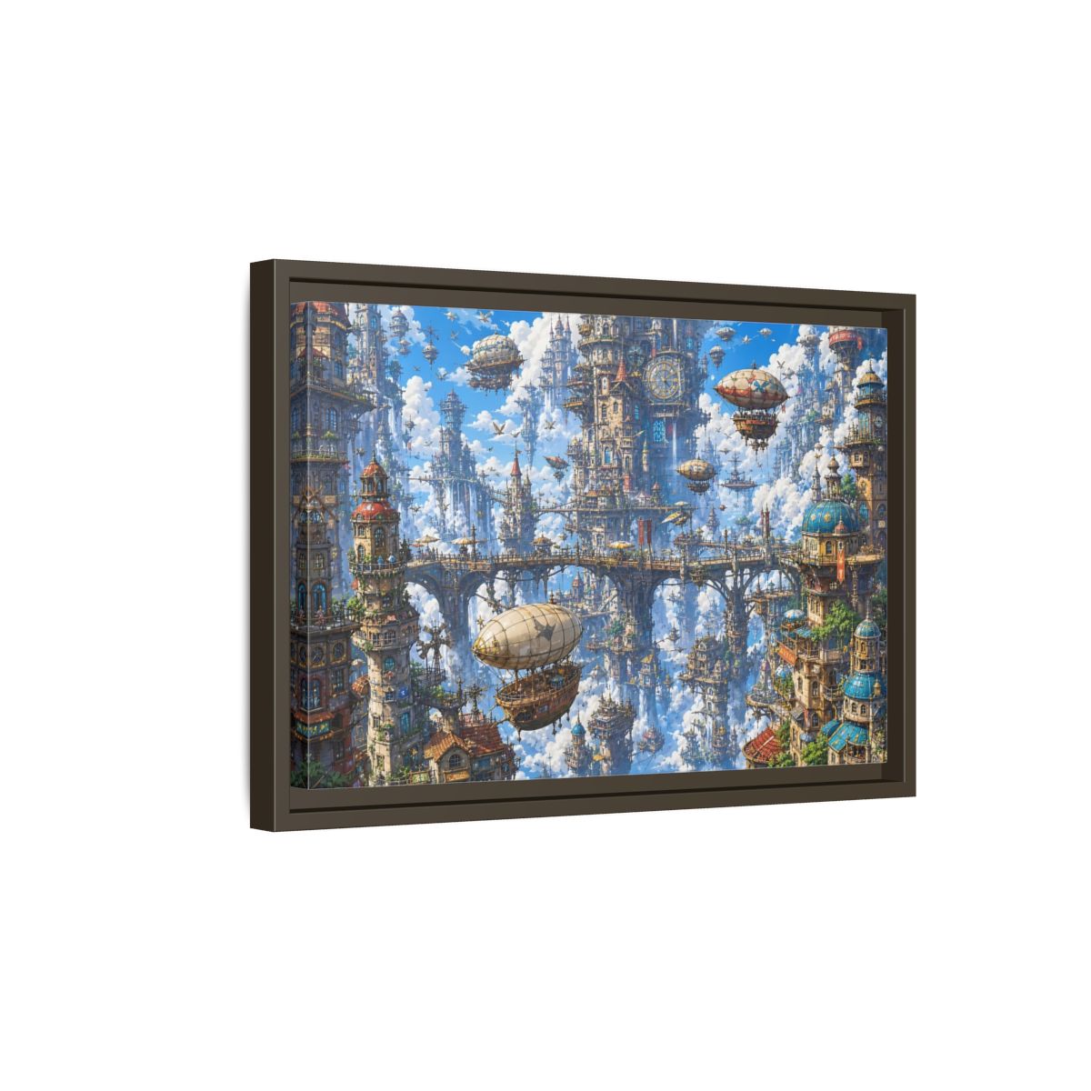 Side Mockup 5. Science Fiction Floating City Blue Fantasy City shown as stretched canvas wall art