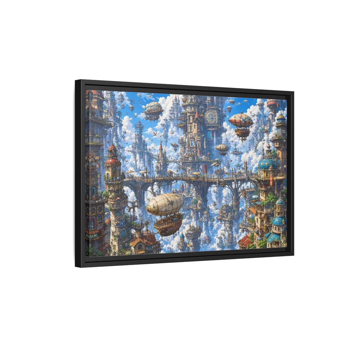 Side Mockup 3. Science Fiction Floating City Blue Fantasy City shown as stretched canvas wall art