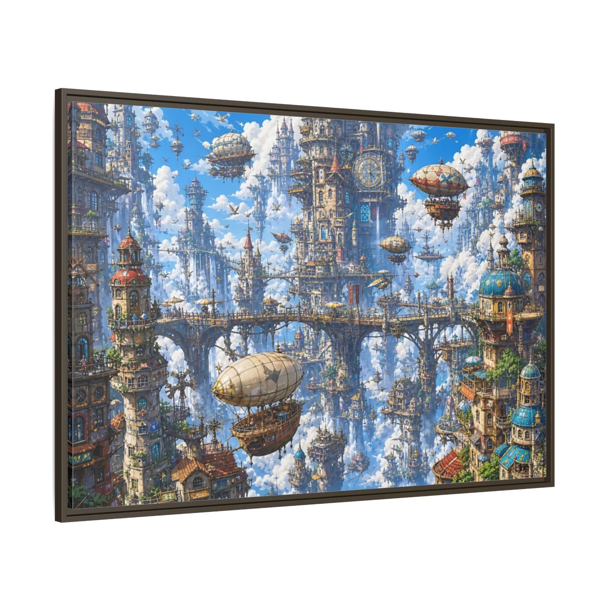 Side Mockup 8. Science Fiction Floating City Blue Fantasy City shown as stretched canvas wall art