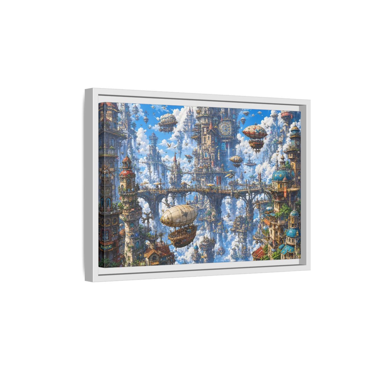 Side Mockup 4. Science Fiction Floating City Blue Fantasy City shown as stretched canvas wall art