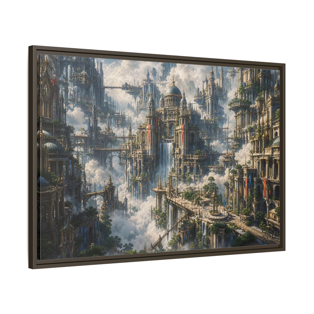 Main Mockup. Science Fiction Floating City Cloud Cityscape shown as stretched canvas wall art