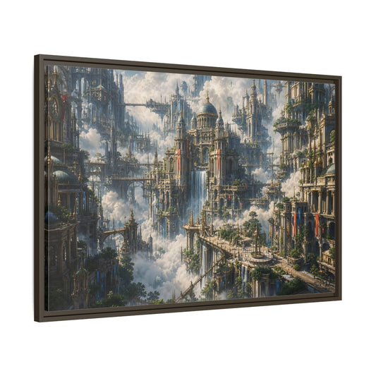 Main Mockup. Science Fiction Floating City Cloud Cityscape shown as stretched canvas wall art