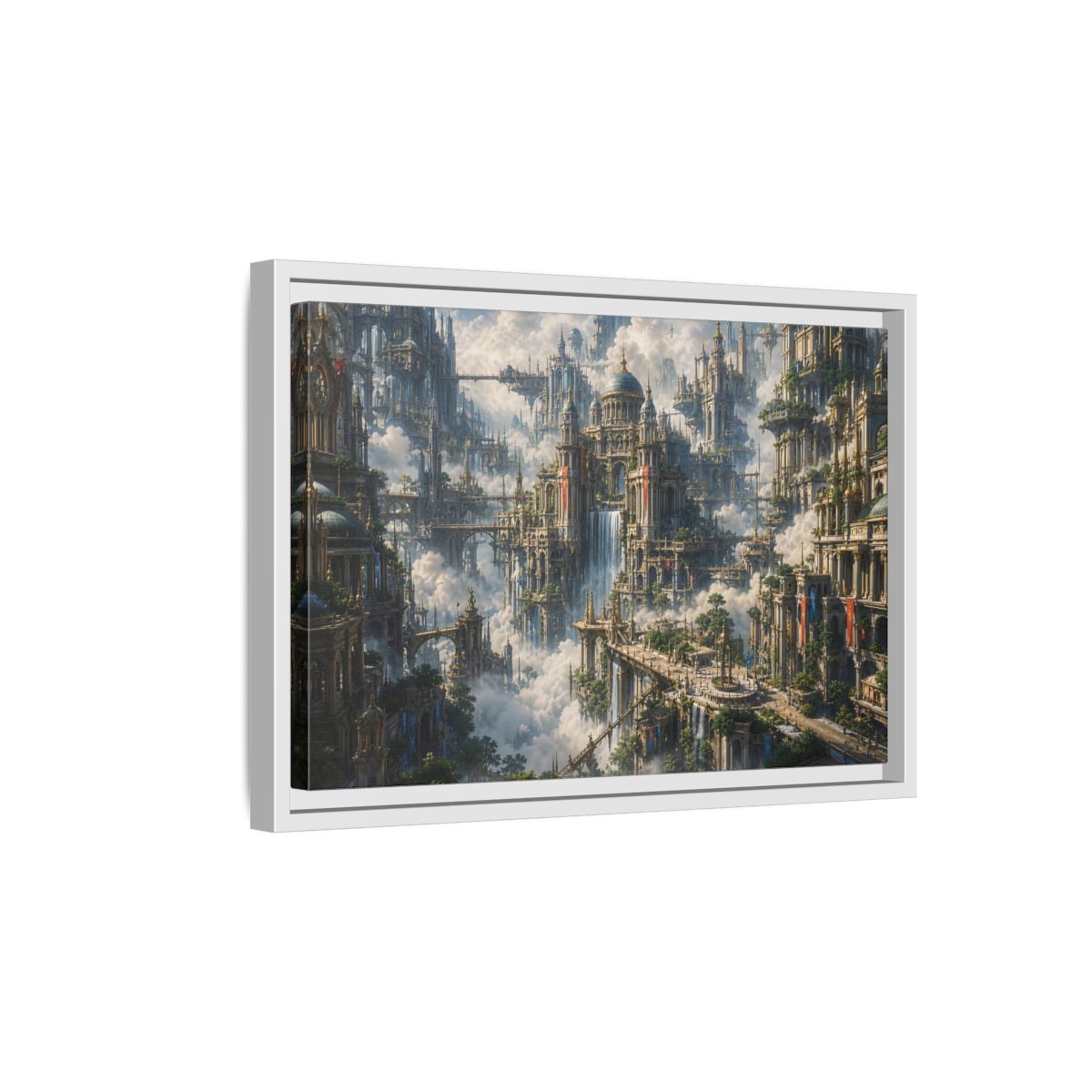 Side Mockup 4. Science Fiction Floating City Cloud Cityscape shown as stretched canvas wall art