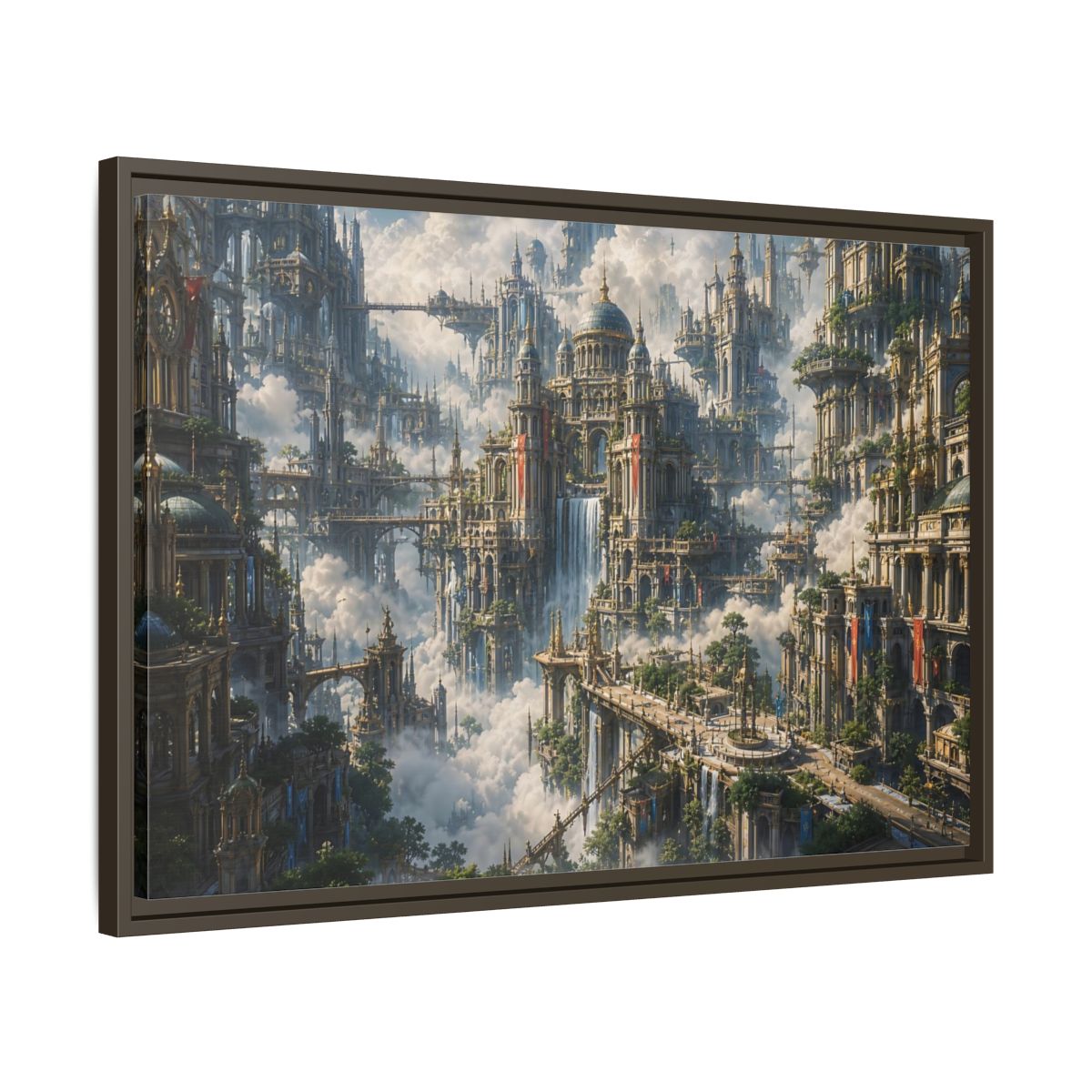 Side Mockup 11. Science Fiction Floating City Cloud Cityscape shown as stretched canvas wall art