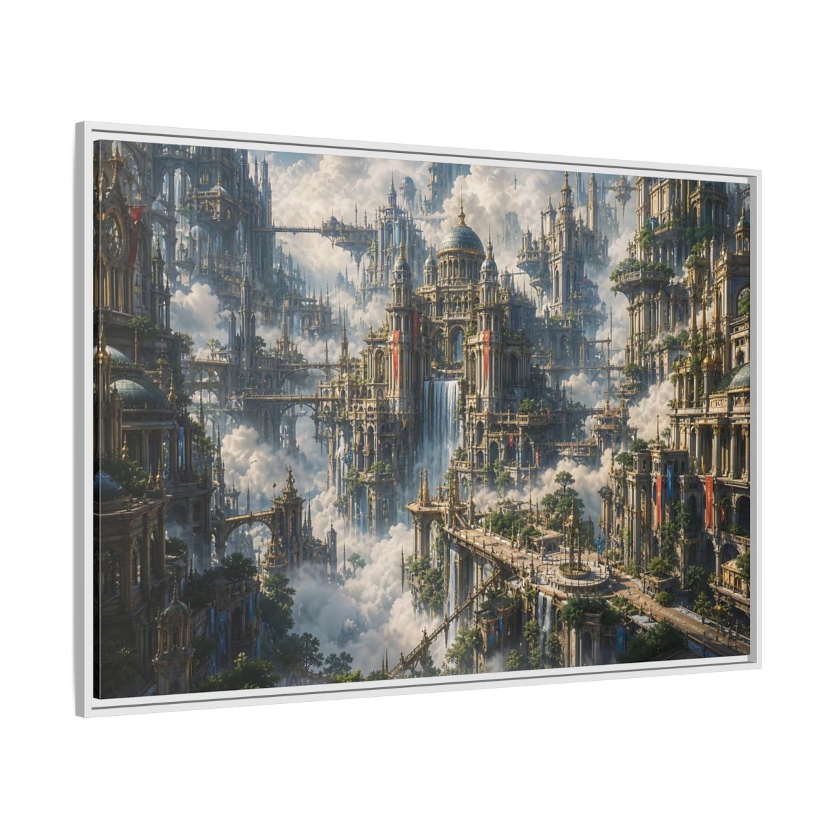 Side Mockup 7. Science Fiction Floating City Cloud Cityscape shown as stretched canvas wall art