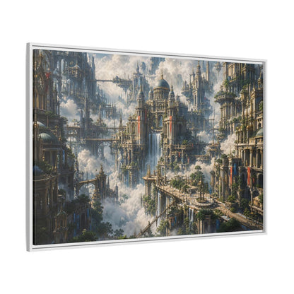 Side Mockup 7. Science Fiction Floating City Cloud Cityscape shown as stretched canvas wall art