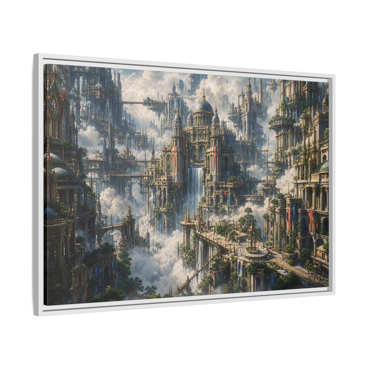 Side Mockup 9. Science Fiction Floating City Cloud Cityscape shown as stretched canvas wall art