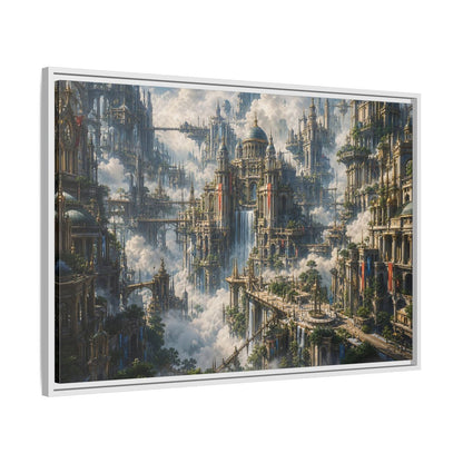 Side Mockup 9. Science Fiction Floating City Cloud Cityscape shown as stretched canvas wall art