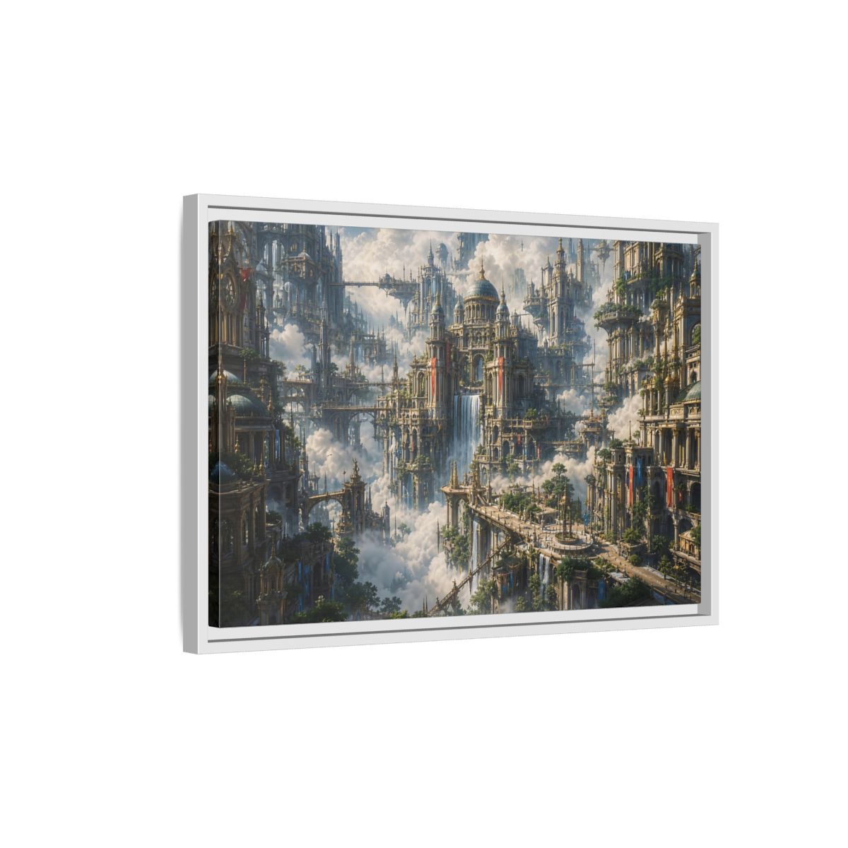 Side Mockup 1. Science Fiction Floating City Cloud Cityscape shown as stretched canvas wall art