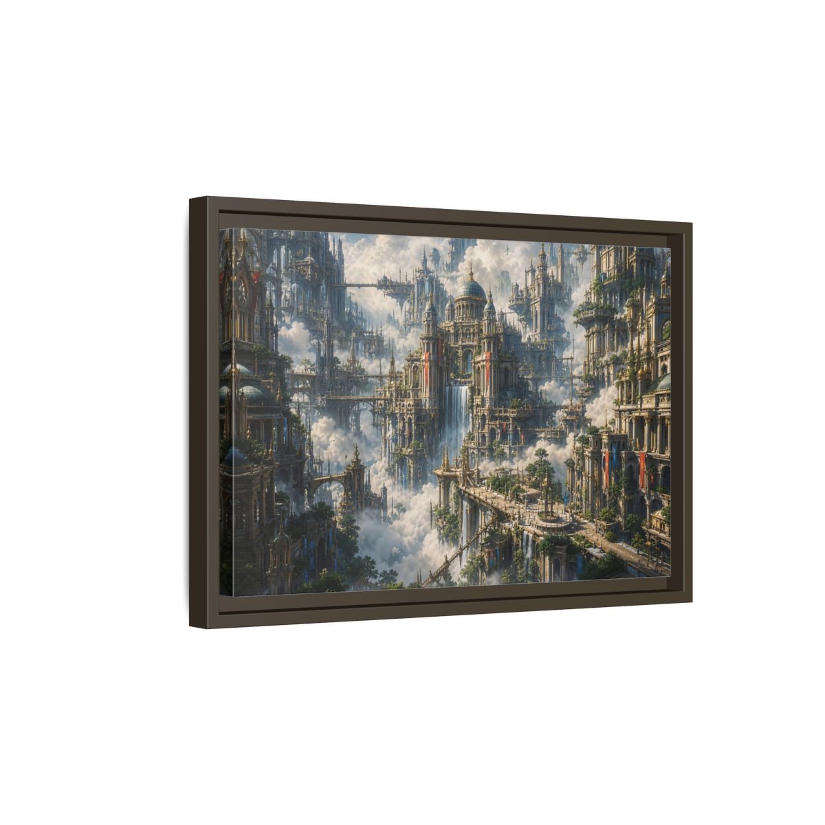 Side Mockup 5. Science Fiction Floating City Cloud Cityscape shown as stretched canvas wall art