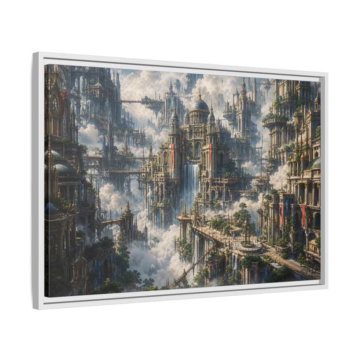 Side Mockup 10. Science Fiction Floating City Cloud Cityscape shown as stretched canvas wall art