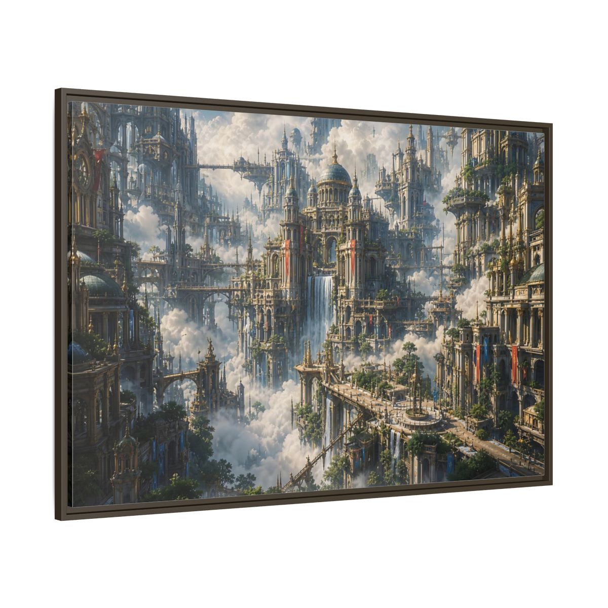 Side Mockup 8. Science Fiction Floating City Cloud Cityscape shown as stretched canvas wall art