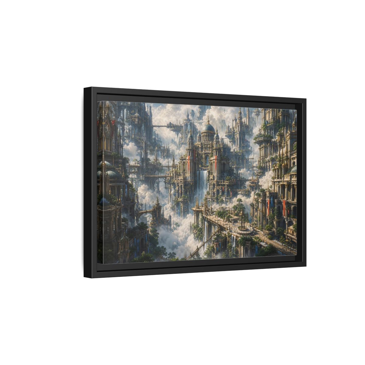 Side Mockup 6. Science Fiction Floating City Cloud Cityscape shown as stretched canvas wall art