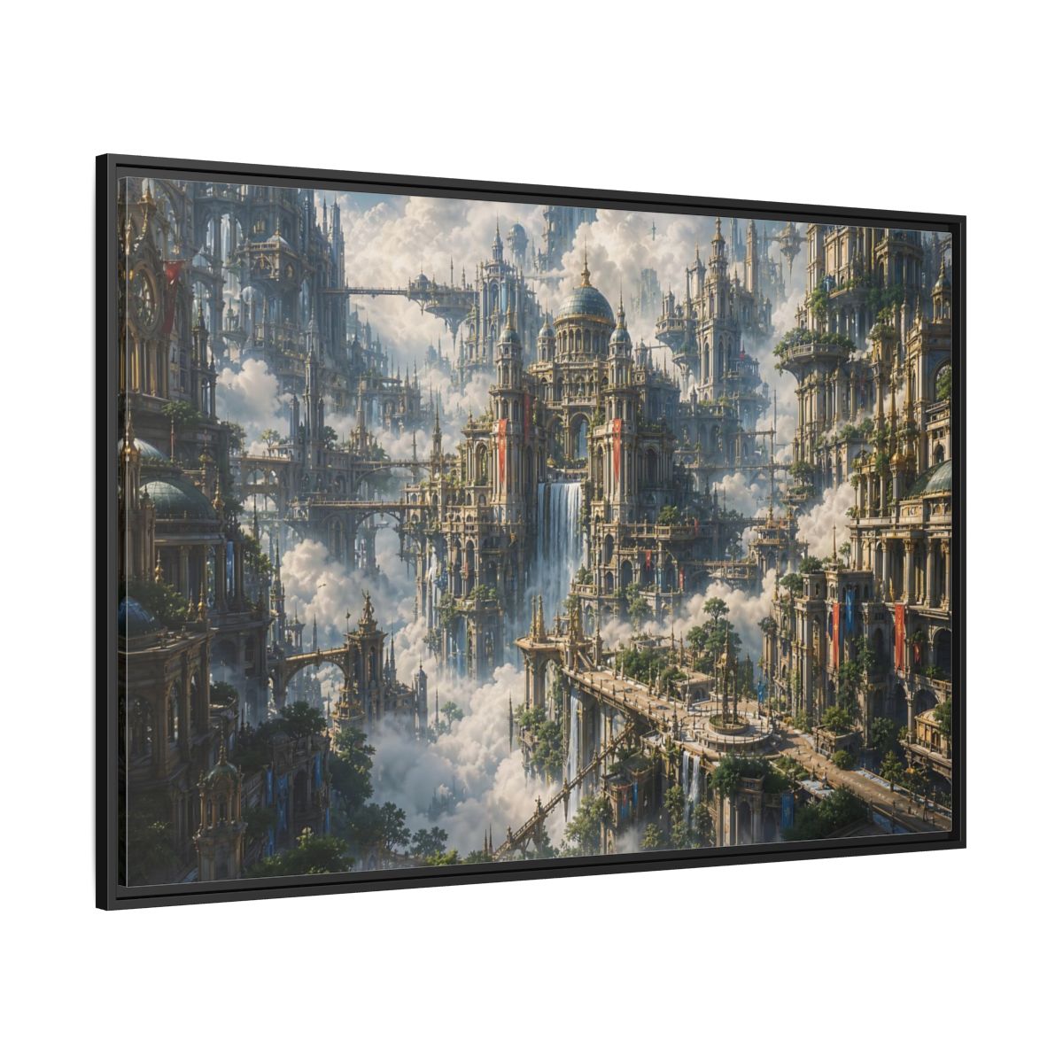 Side Mockup 12. Science Fiction Floating City Cloud Cityscape shown as stretched canvas wall art