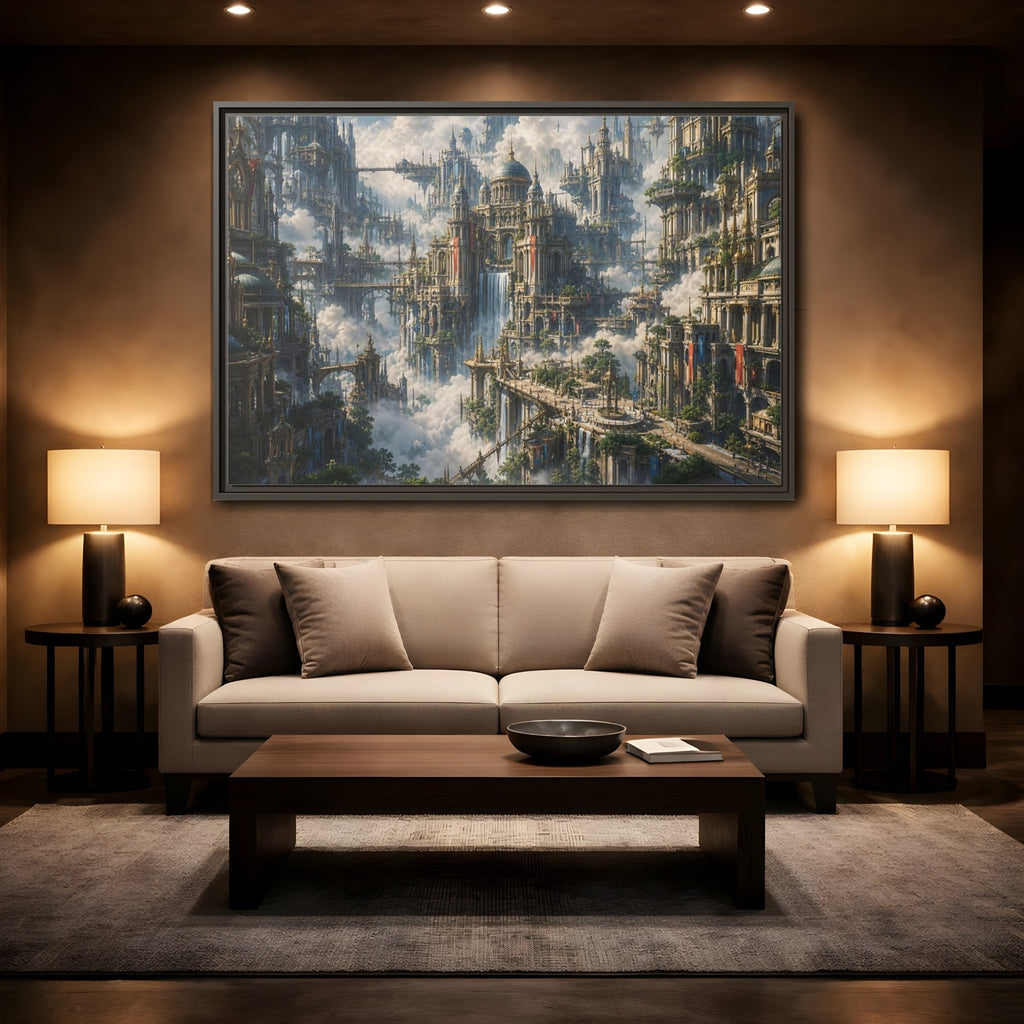 Mockup 2. Science Fiction Floating City Cloud Cityscape shown as stretched canvas wall art