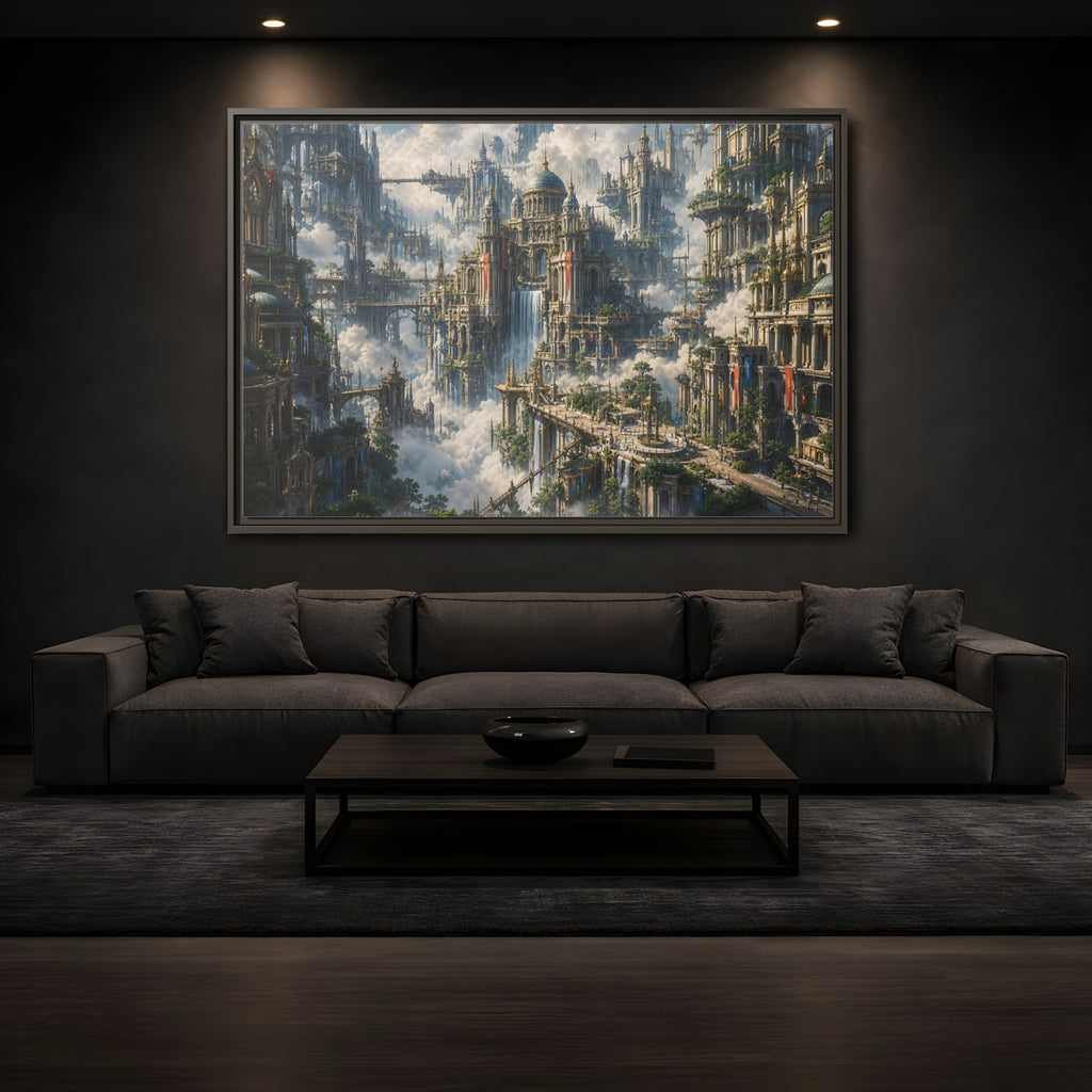 Mockup 3. Science Fiction Floating City Cloud Cityscape shown as stretched canvas wall art