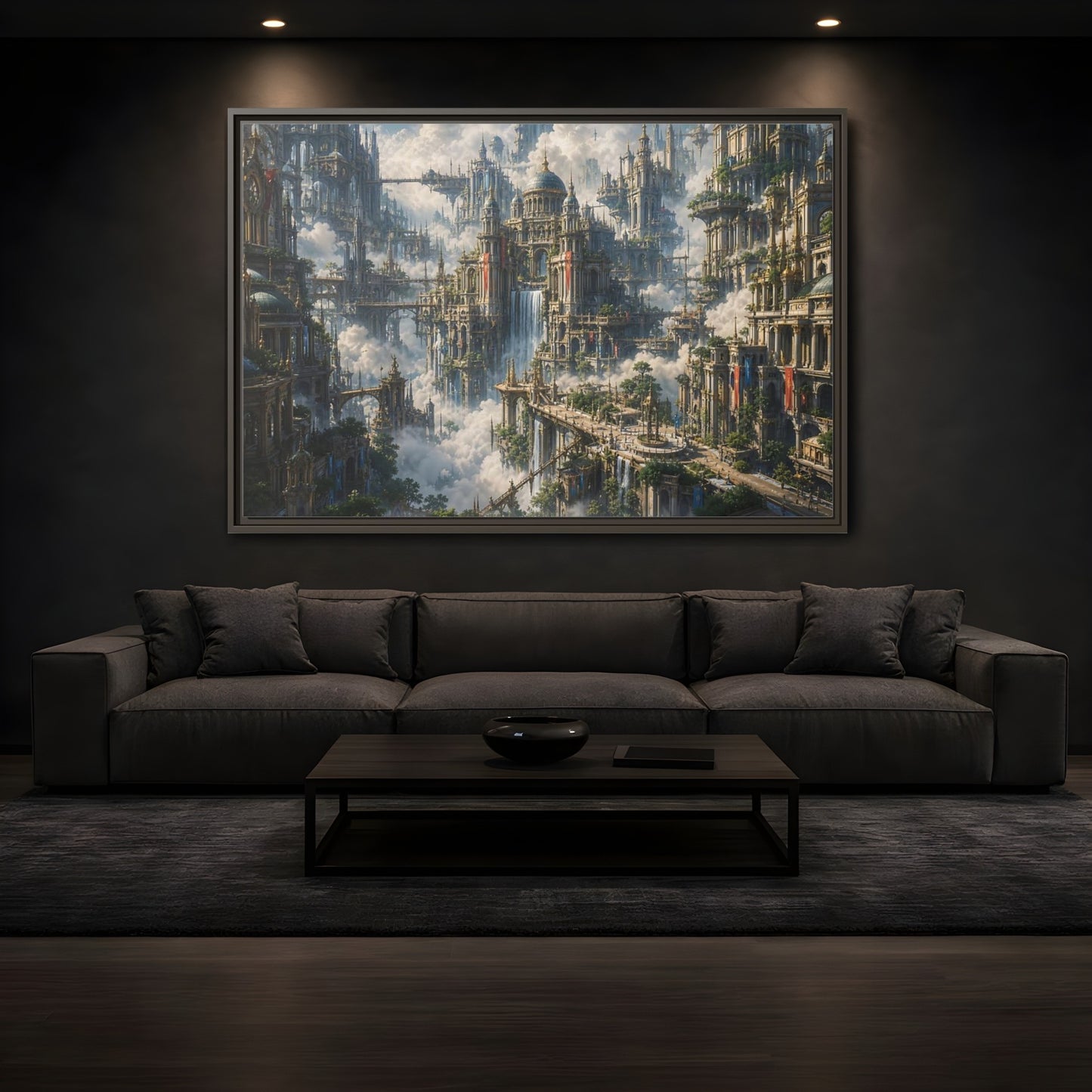 Mockup 3. Science Fiction Floating City Cloud Cityscape shown as stretched canvas wall art
