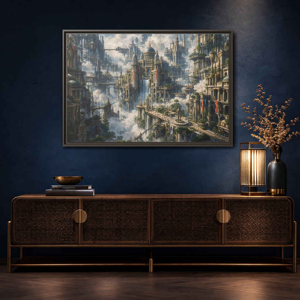 Mockup 4. Science Fiction Floating City Cloud Cityscape shown as stretched canvas wall art