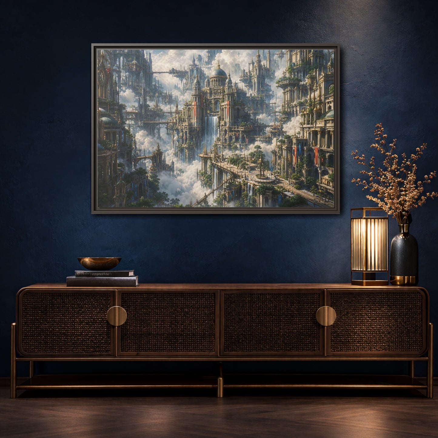 Mockup 4. Science Fiction Floating City Cloud Cityscape shown as stretched canvas wall art