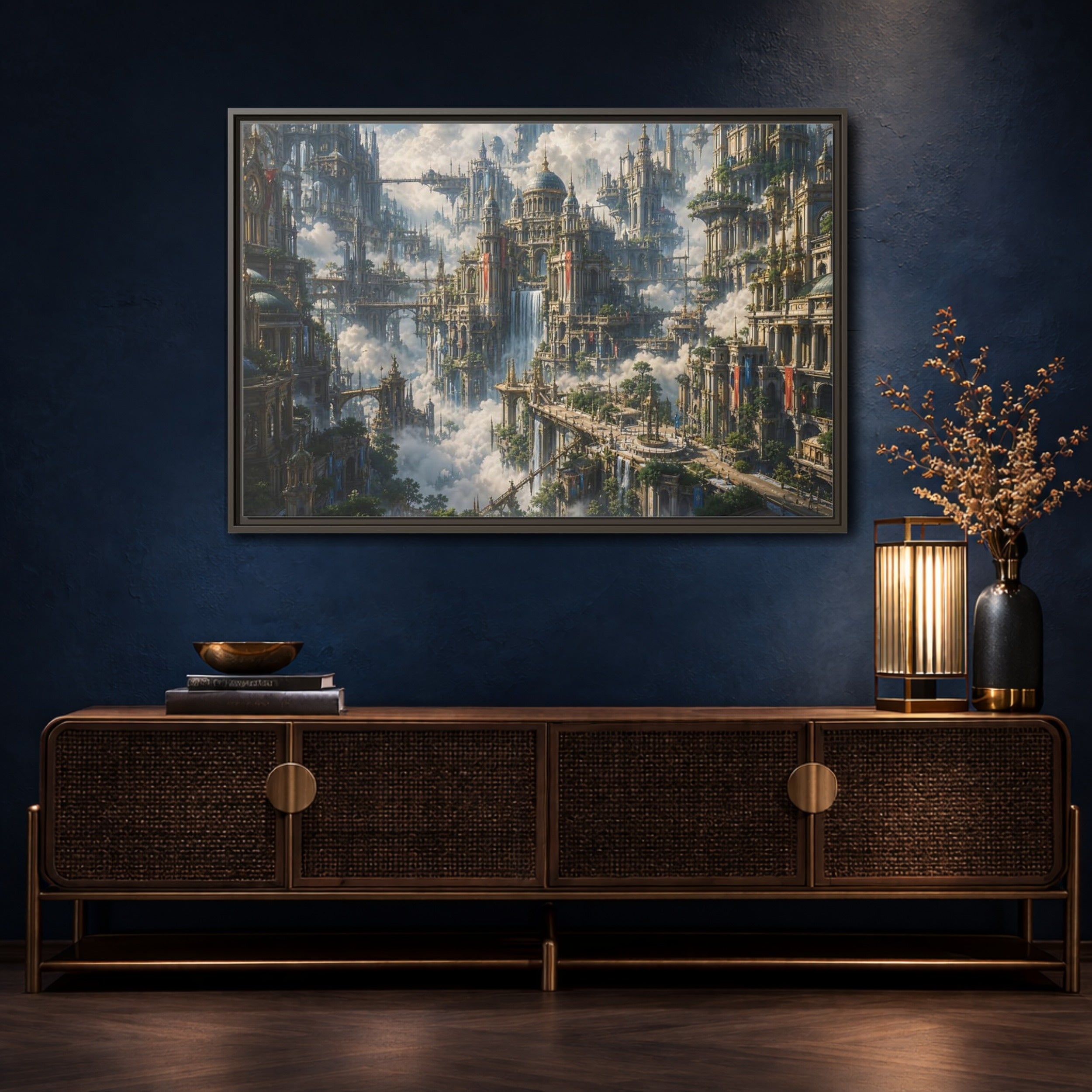 Mockup 4. Science Fiction Floating City Cloud Cityscape shown as stretched canvas wall art