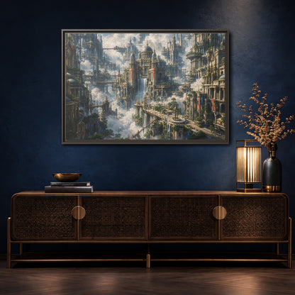 Mockup 4. Science Fiction Floating City Cloud Cityscape shown as stretched canvas wall art