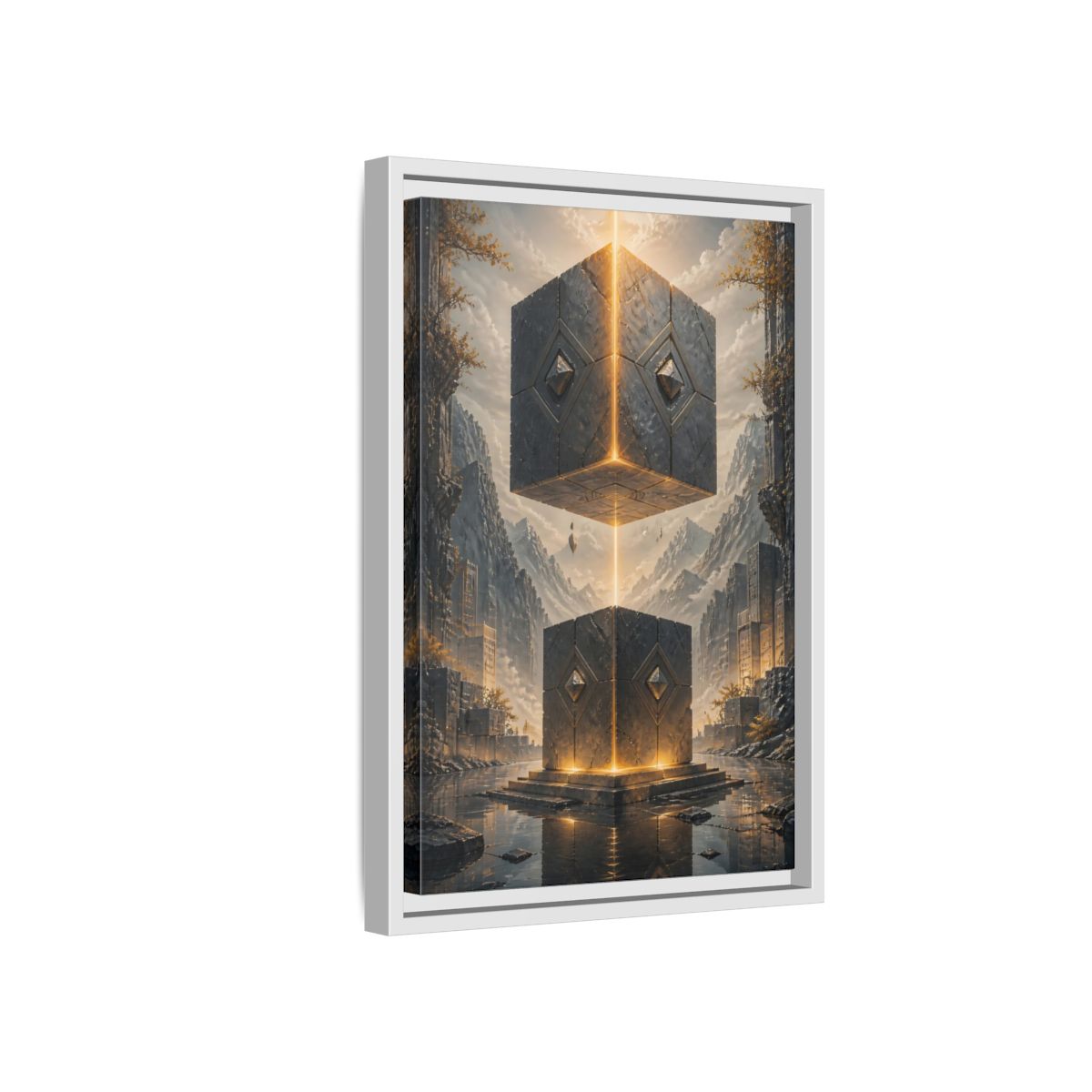 Side Mockup 4. Science Fiction Floating Cubes Gray And Gold shown as stretched canvas wall art
